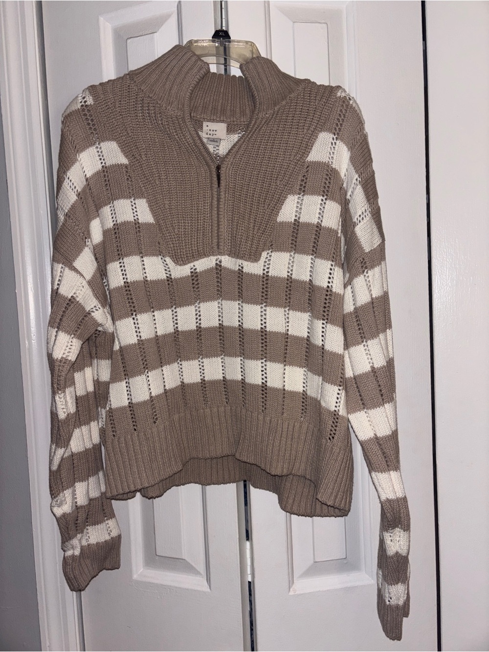 Striped Taupe and White Half-Zip Sweater